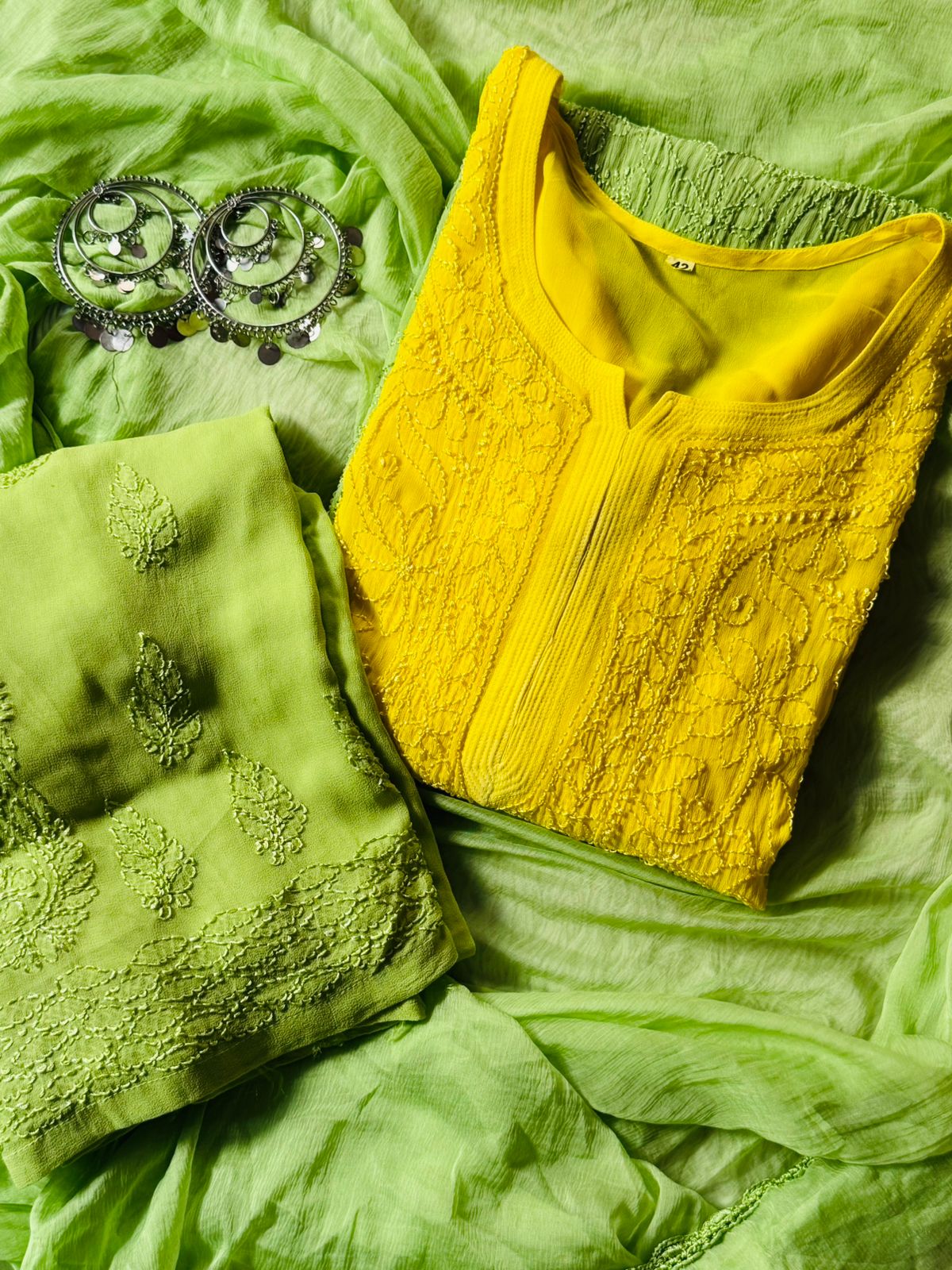 Lemon Green and Yellow Chikankari Resham Work Viscose 3-Piece Set (Latest)