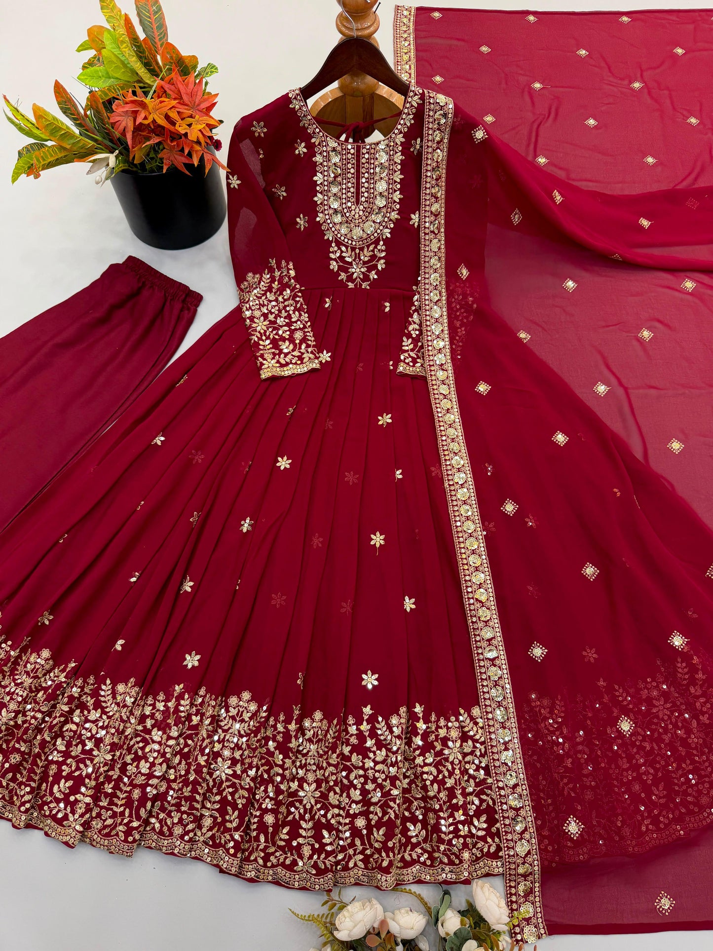 Maroon Embroidered Georgette Gown Set with Dupatta