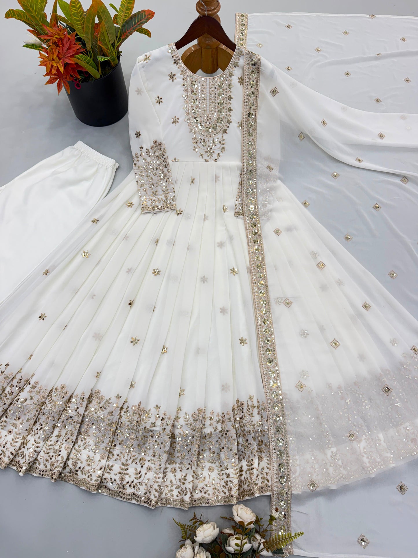 Elegant White Embroidered Georgette Gown Set with Dupatta