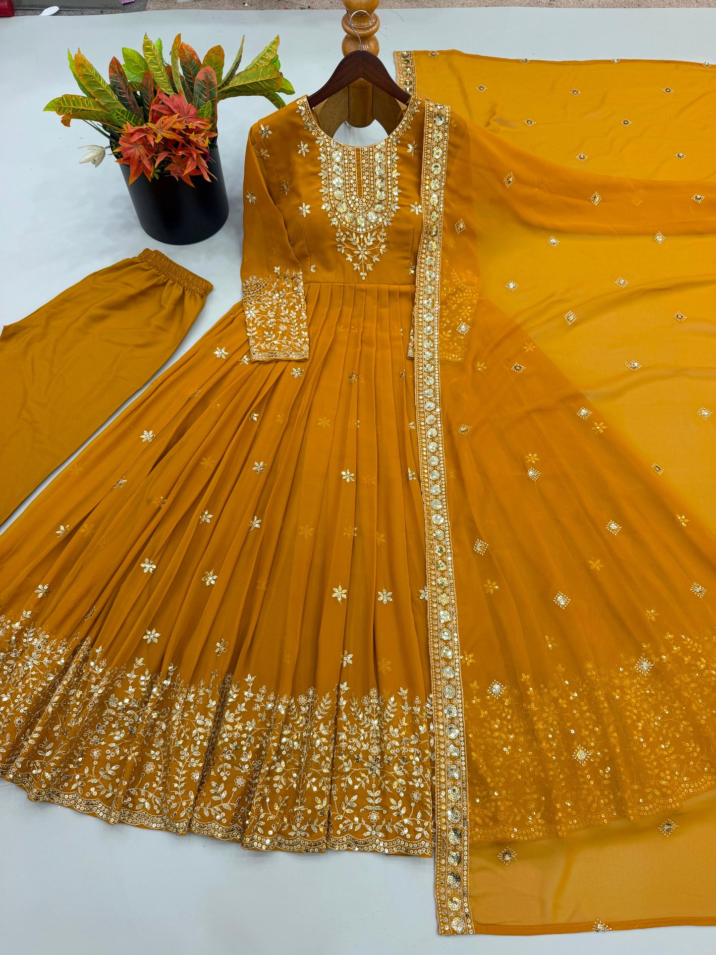Mustard Yellow Embroidered Georgette Gown Set with Dupatta