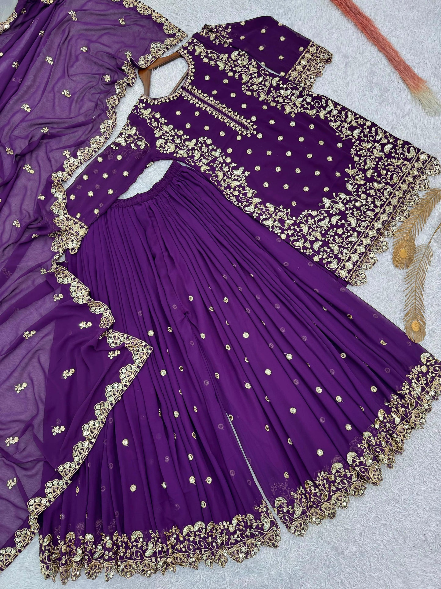 Purple Premium Embroidered Sequin Faux Georgette Palazzo Set with Dupatta