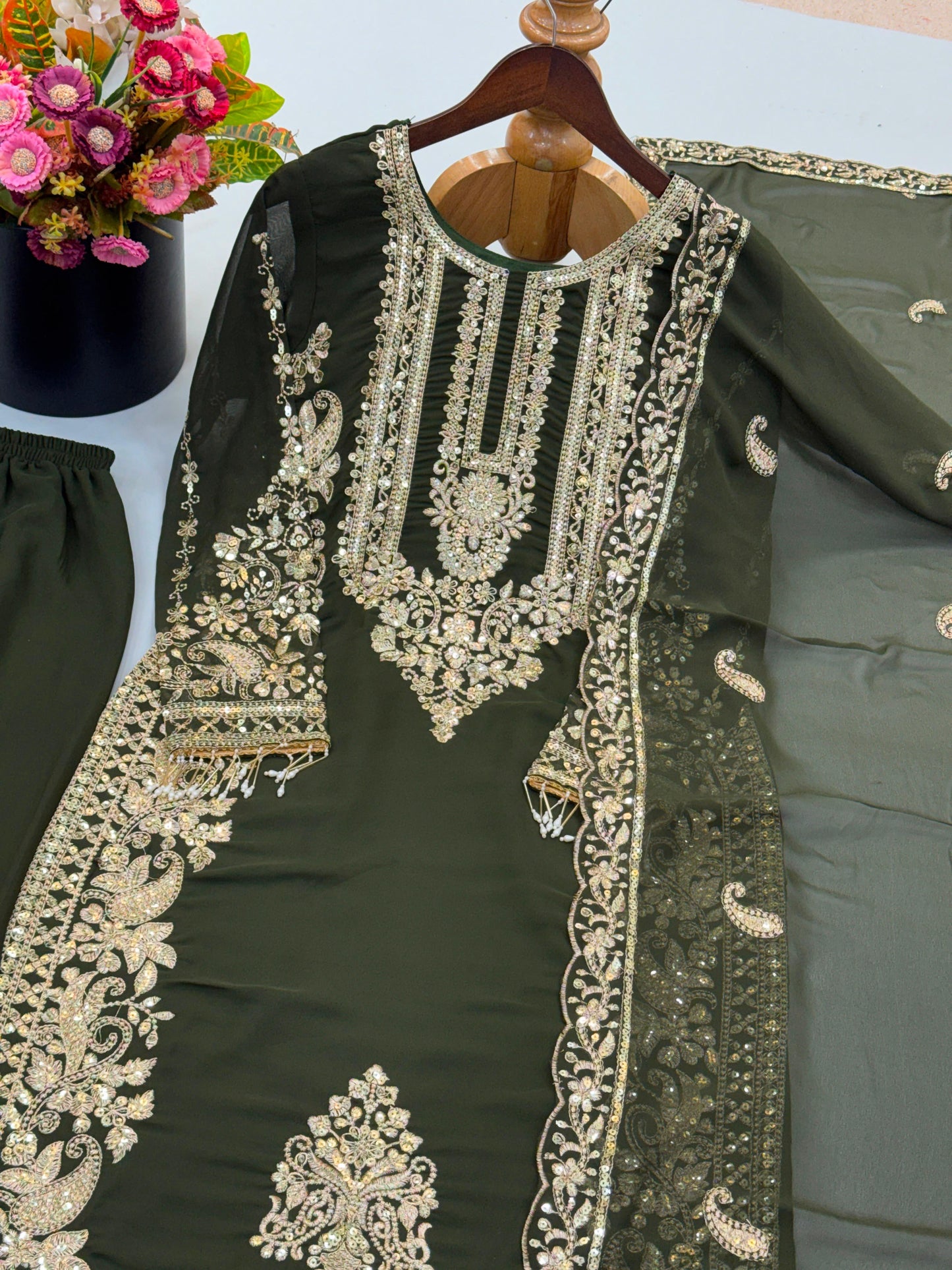 Olive Heavy Faux Georgette Embroidered Sequin Top Palazzo Dupatta Set