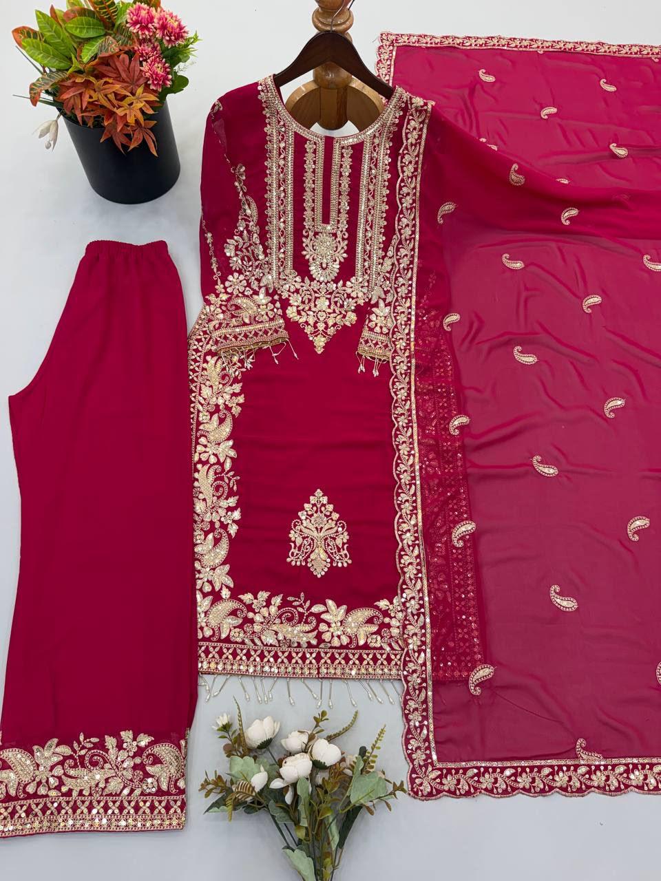 Pink Heavy Faux Georgette Embroidered Sequin Top Palazzo Dupatta Set