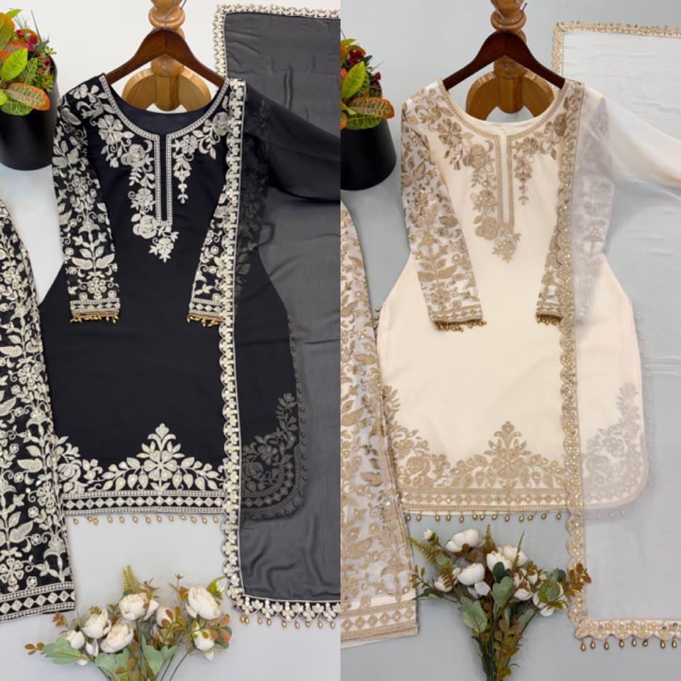 White Faux Georgette Heavy Embroidered Sequin Kurta Pant Dupatta Set