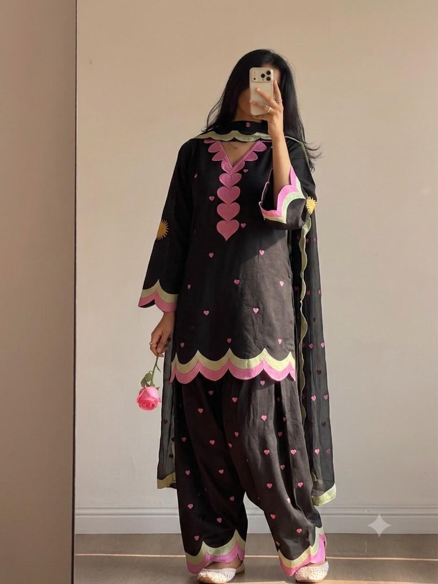 Classic Black Mul Chanderi Embroidered Salwar Suit with Dupatta