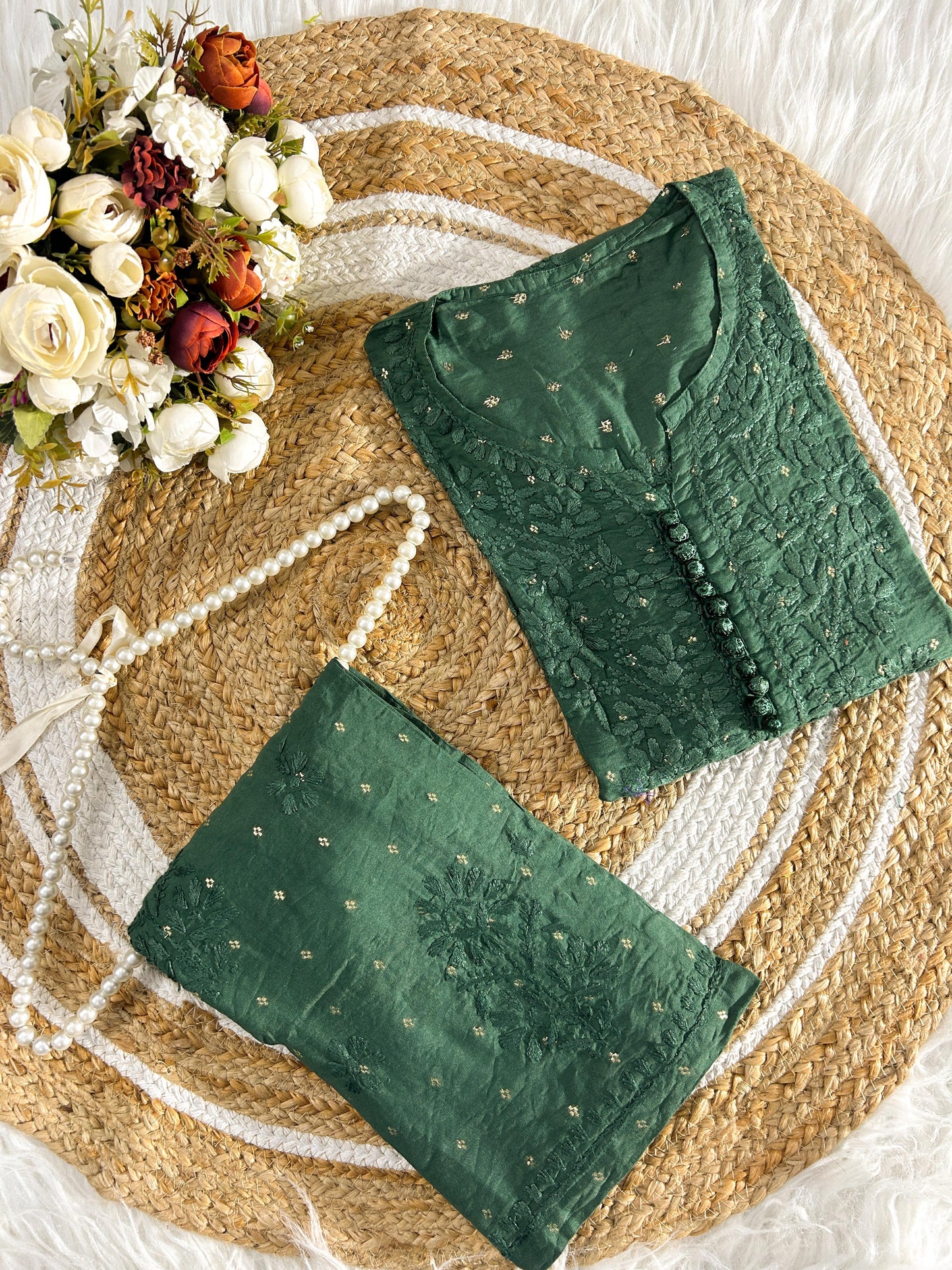 Green Handcrafted Chikankari Chanderi Silk Co-ord Set