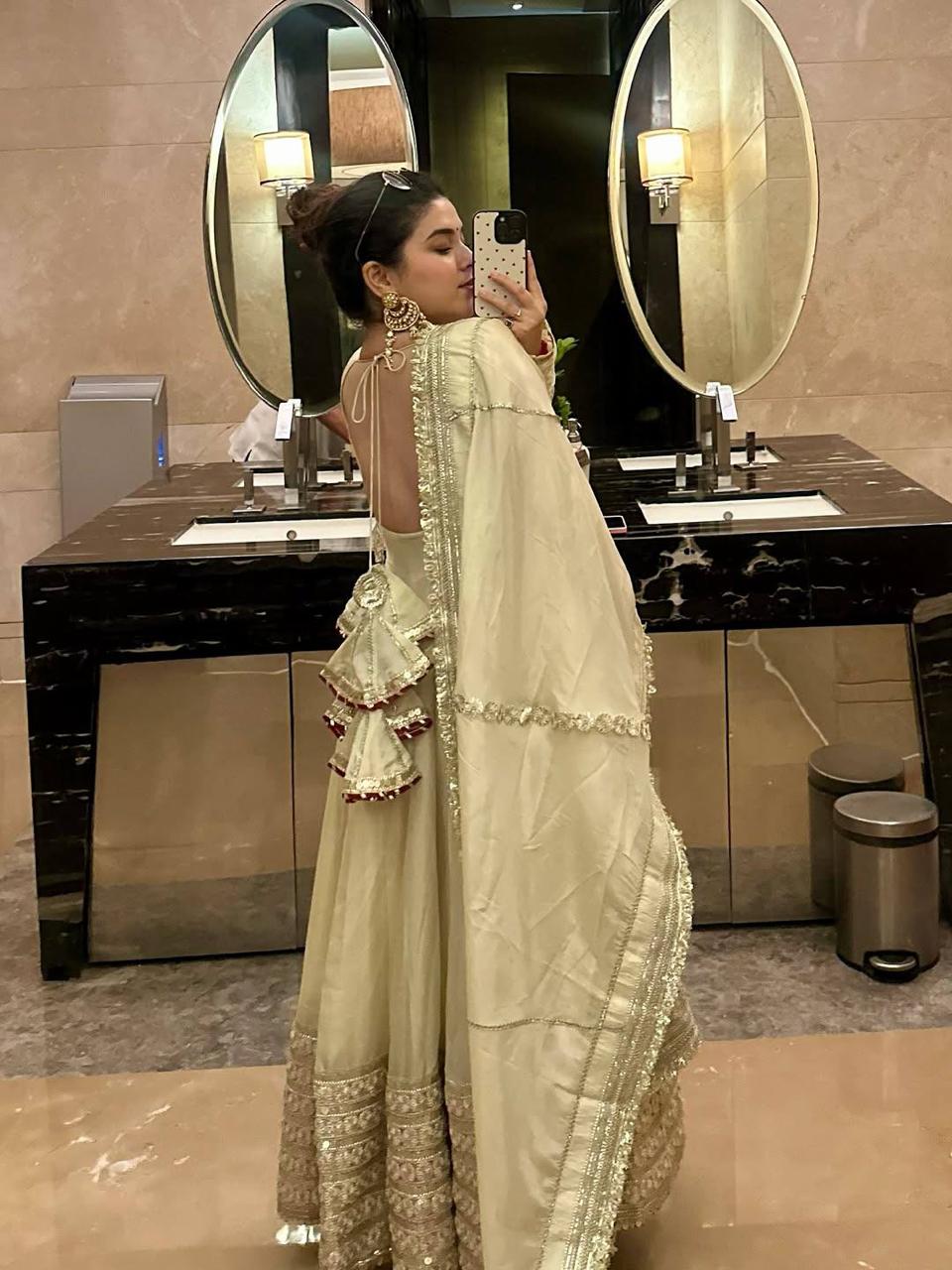 Beige Regal Midnight Sequin & Zari Embroidered Chinon Silk Anarkali Set