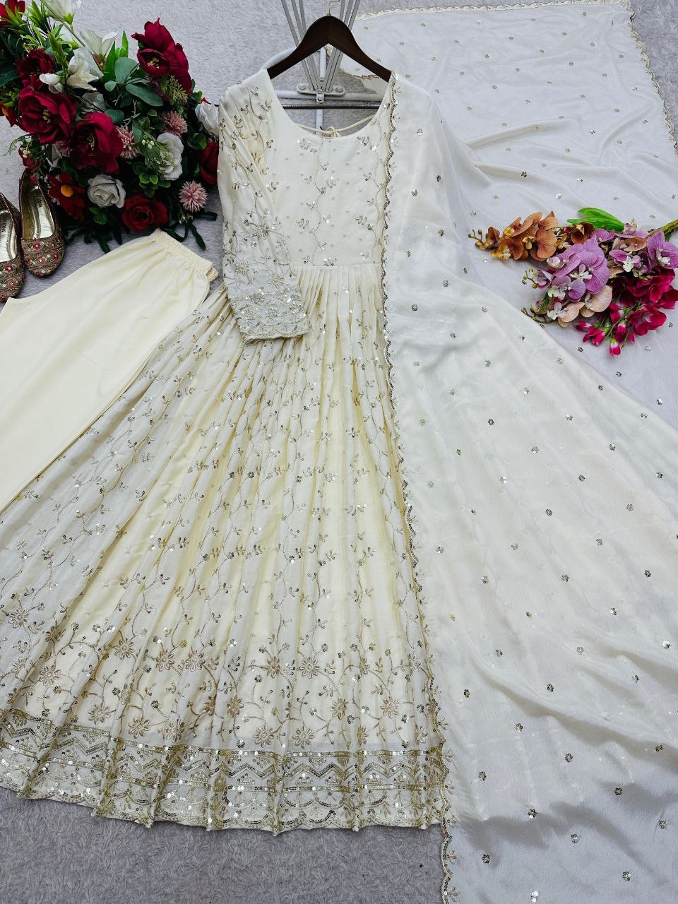 Cream Chinon Silk Gown Pant Dupatta Set with Sequence Embroidery