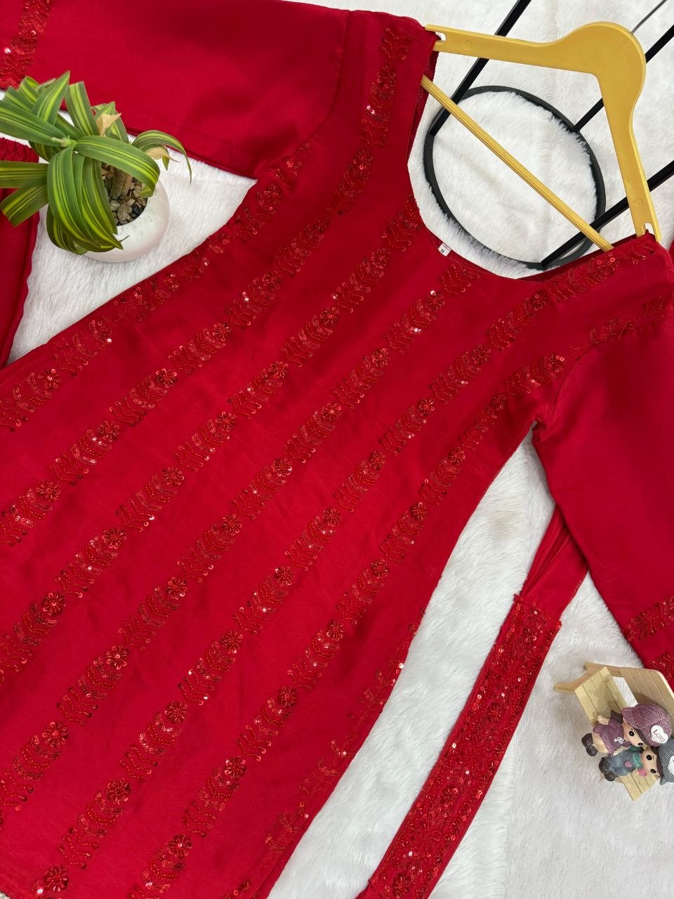 Red Rangoli Silk Kurti Plazzo Dupatta Set