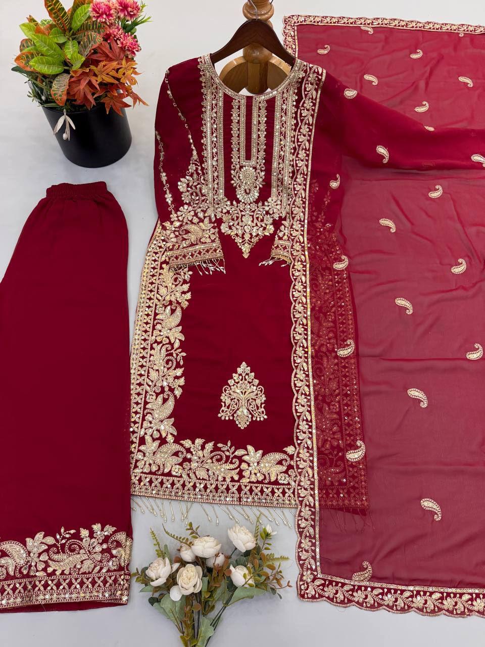 Red Heavy Faux Georgette Embroidered Sequin Top Palazzo Dupatta Set