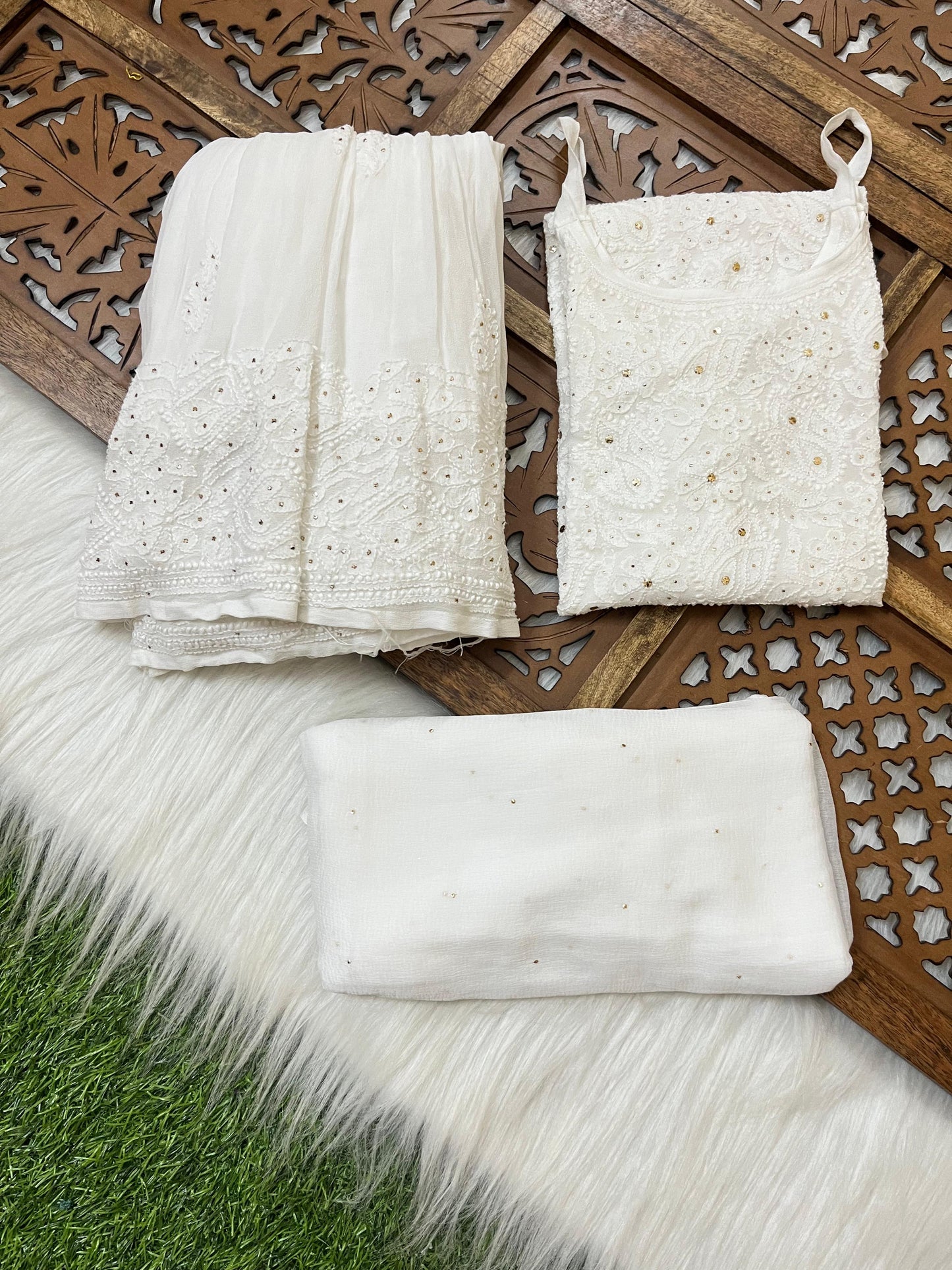 White Handcrafted Lucknow Chikankari Strappy Gharara Set (New)