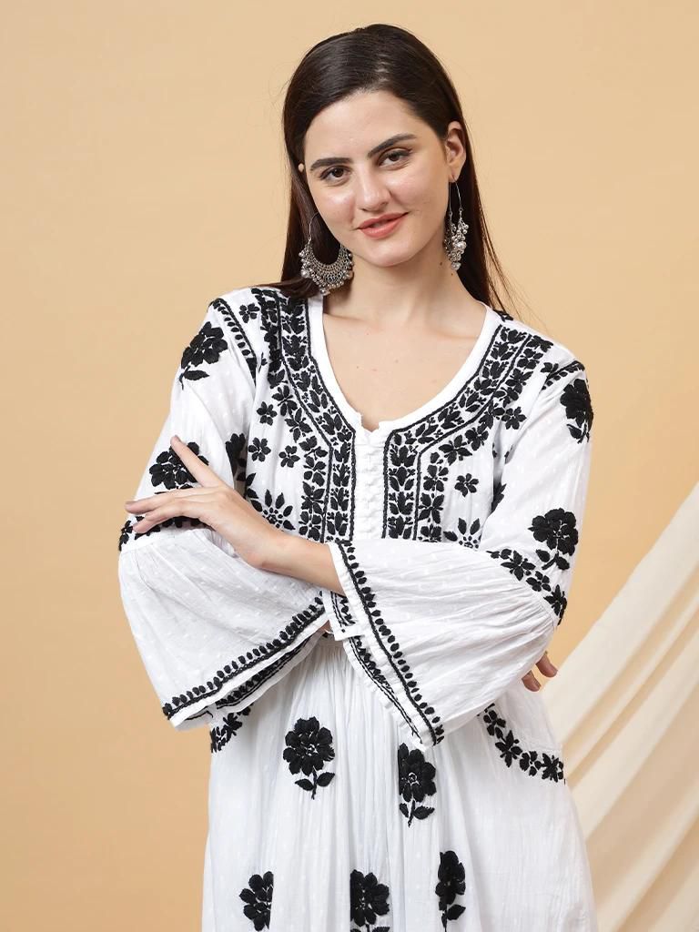 White Handcrafted Dobby Cotton Lucknow Chikankari Gown & Pallazo Set