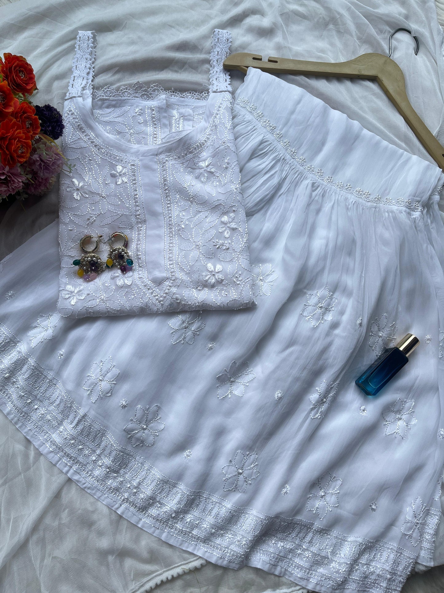 White Lucknow Chikankari Resham Work Viscose Short Kurti & Garara Set with Chiffon Dupatta