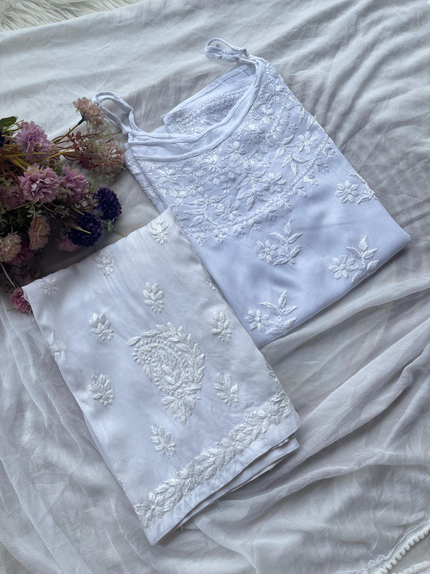 White Handcrafted Lucknow Chikankari Noodle Strap Kurti with Plazo & Dupatta Set