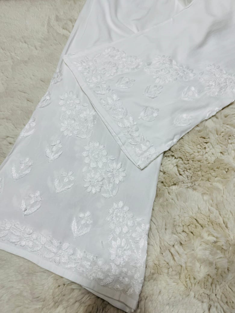 White Exquisite 3D Handwork Modal Lucknow Chikankari Kurta Set