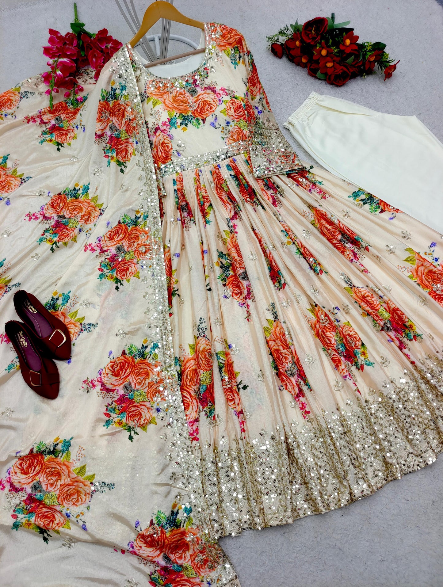 Best Seller Embroidered Satin Silk Floral Indian Gown | Ready to Wear Anarkali Set