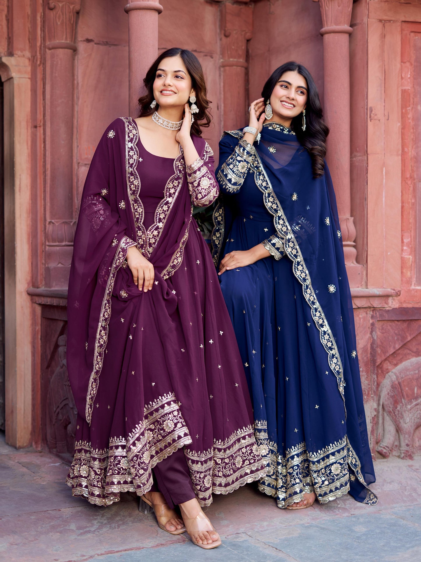 Wine Exquisite Faux Georgette Gown with Thread & Sequin Work, Pant & Dupatta Set