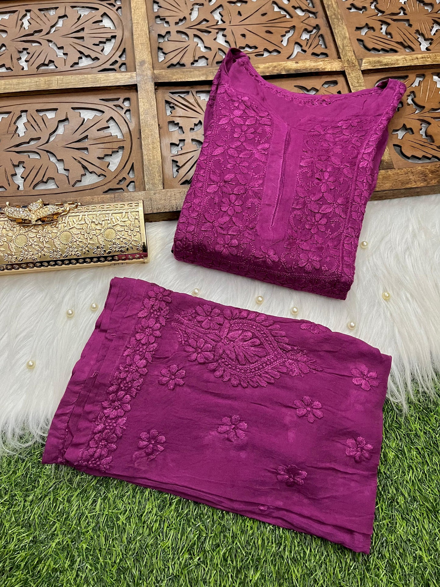 Pink Premium Rayon Chikankari Kurti Palazzo Set – Lucknowi Handwork | Sizes 36–48