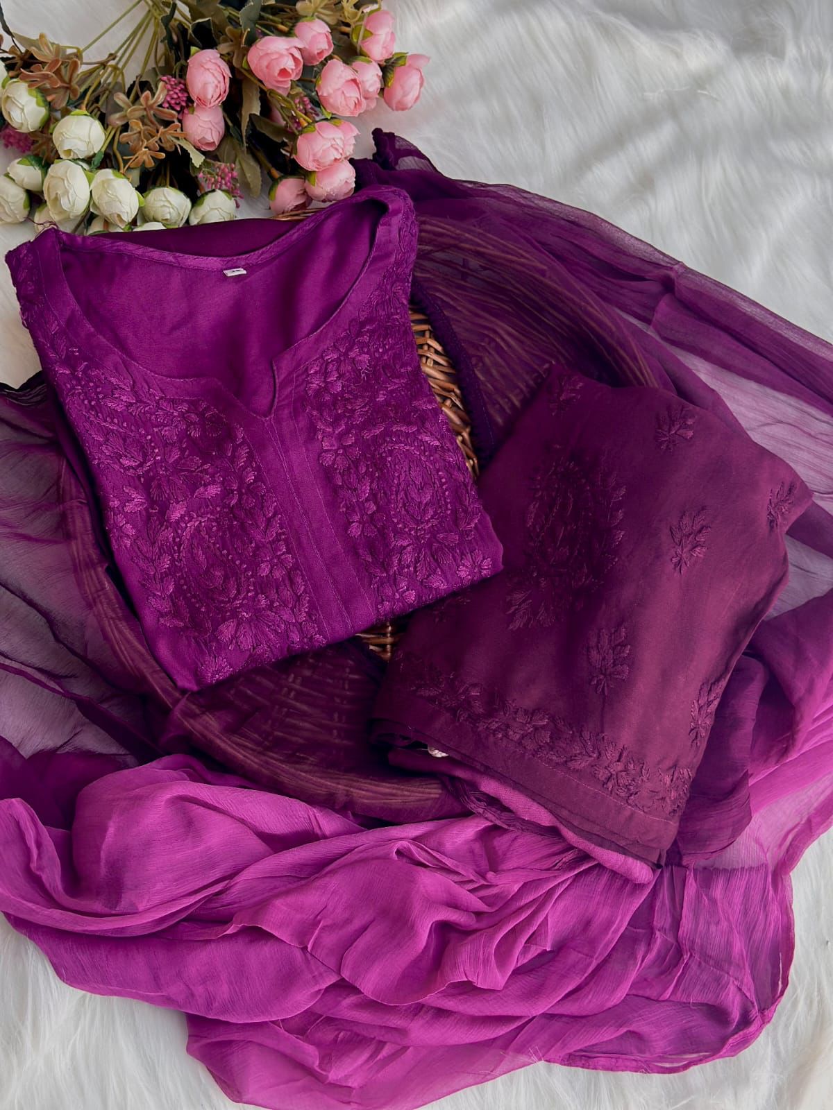 Wine Color Authentic Handcrafted Lucknowi Chikankari Rayon Kurti & Palazzo Set