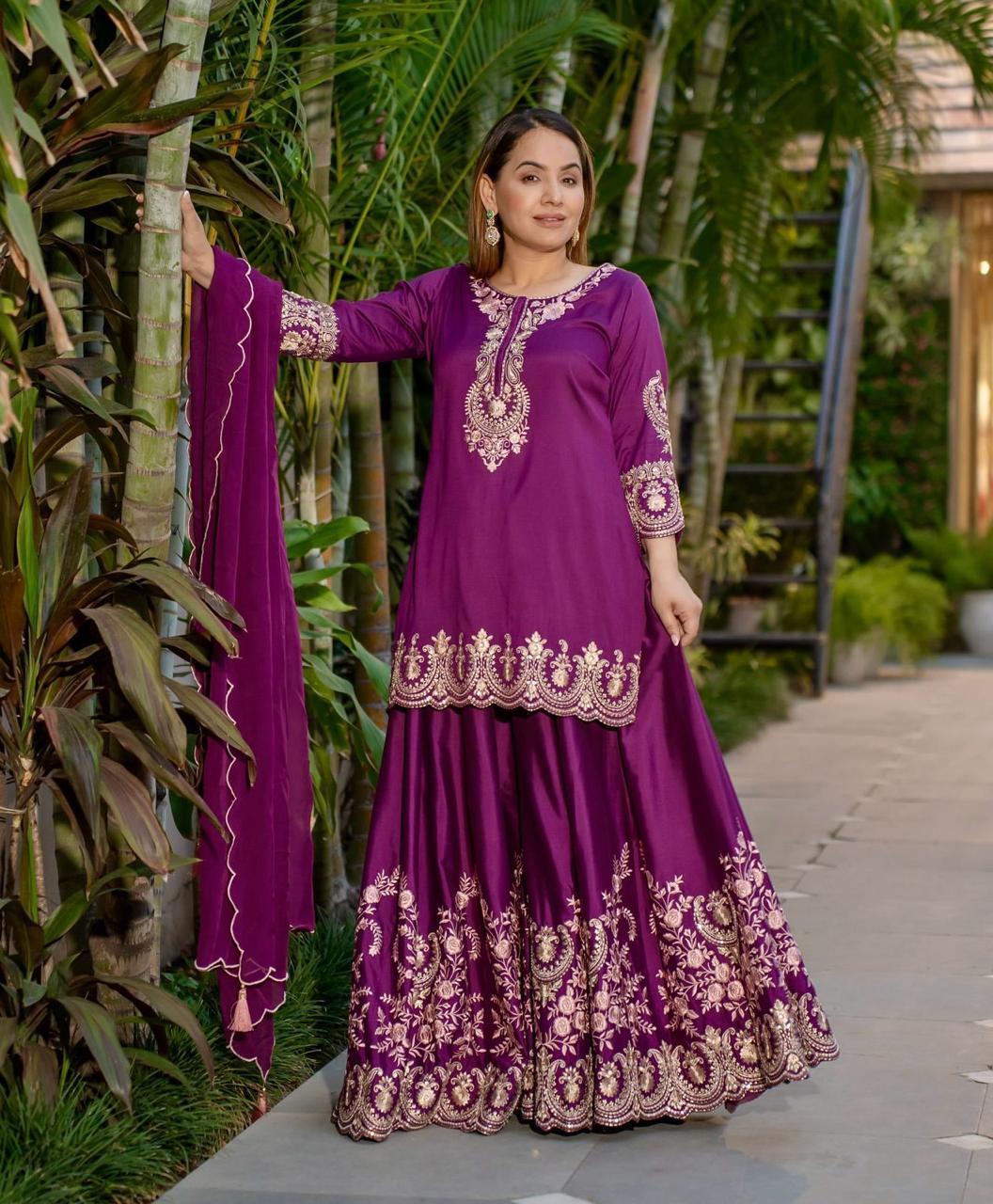 Wine Stunning Designer Party Wear Top-Sharara & Dupatta Set with Heavy Embroidery Sequence Work