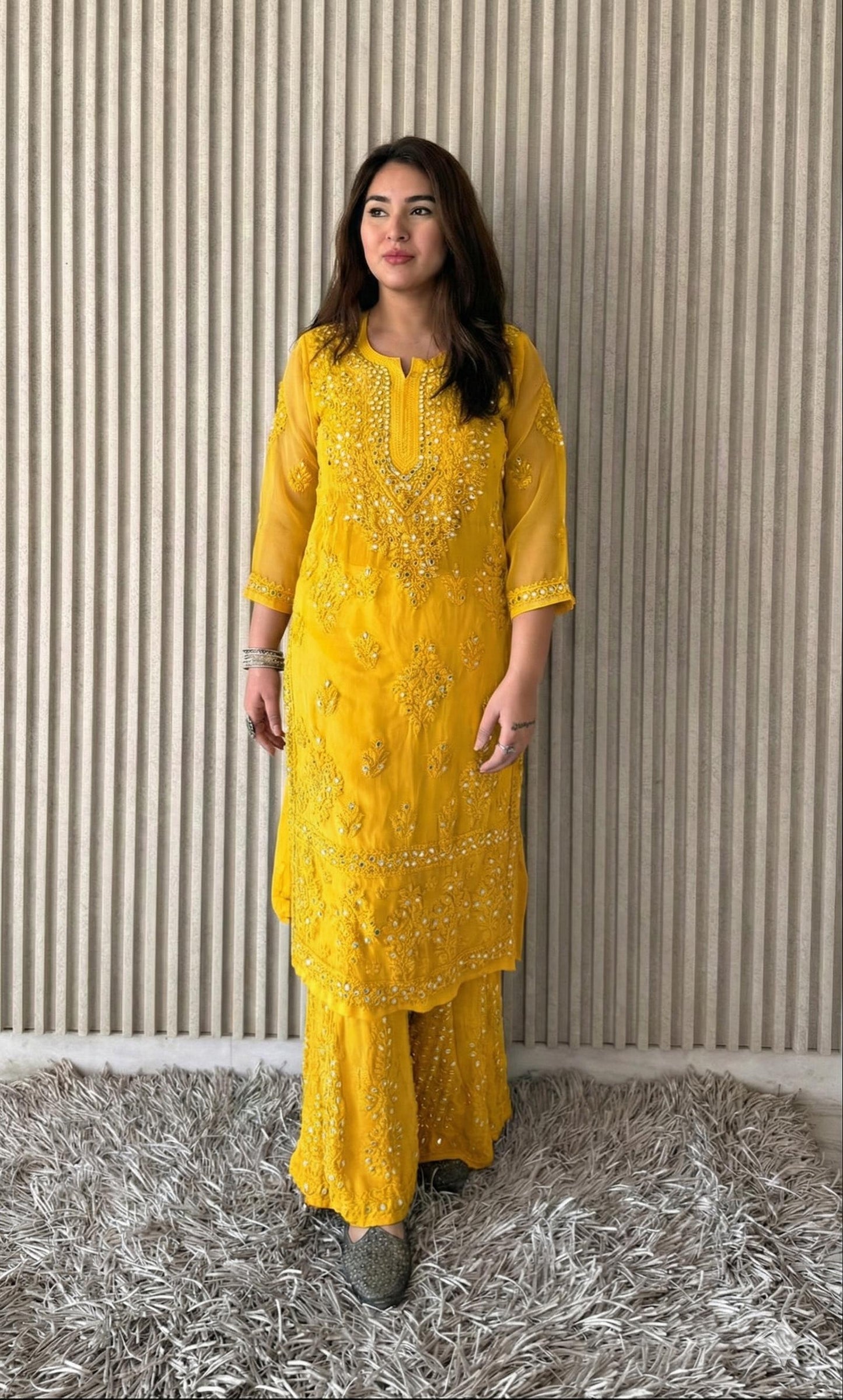 Yellow Elegant Chikankari Kurta Sharara Set with Dupatta
