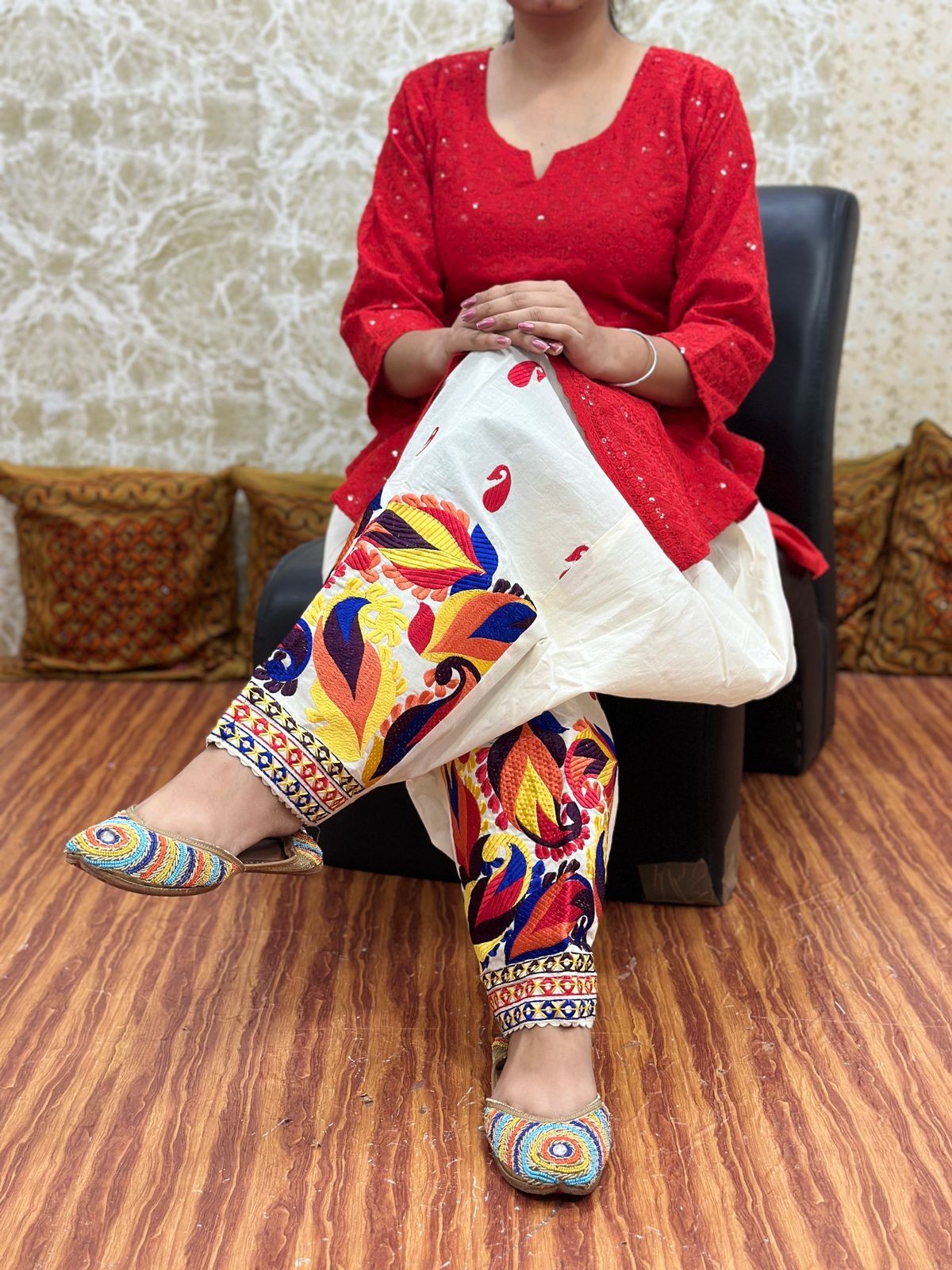 Red Design - 1 Elegant Patiala Salwar Set with Pure Cotton Chikankari Kurti