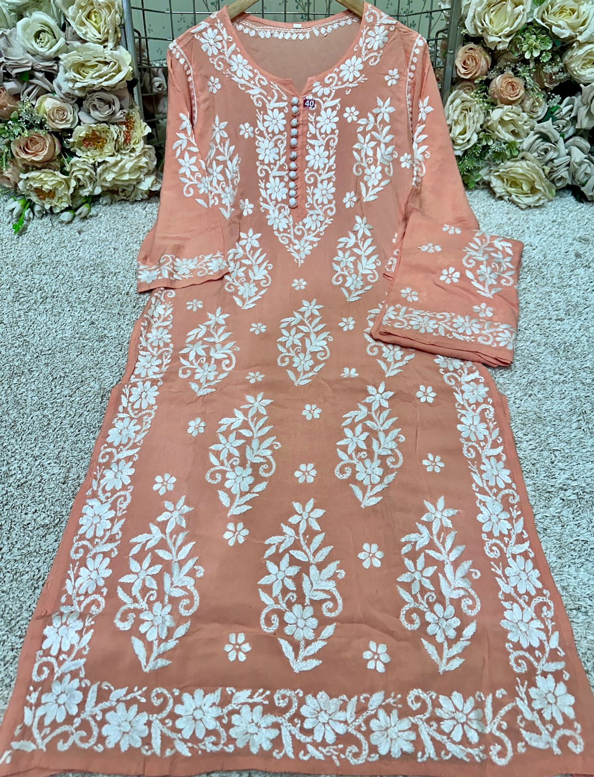 Premium Hand Embroidery Chikankari Kurta Modal Cotton- Peach