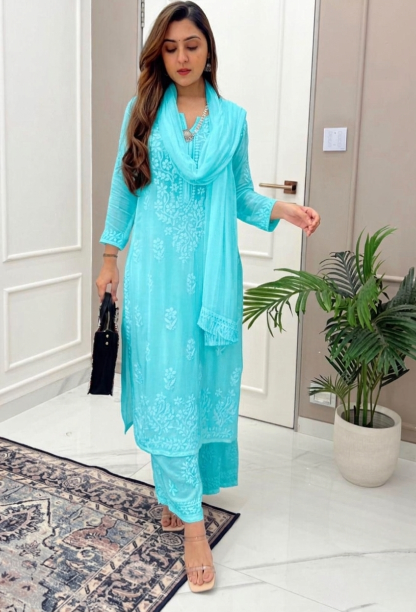 Classic Aqua Blue Ethereal Dyeable Modal Chikankari Kurta Set (New)