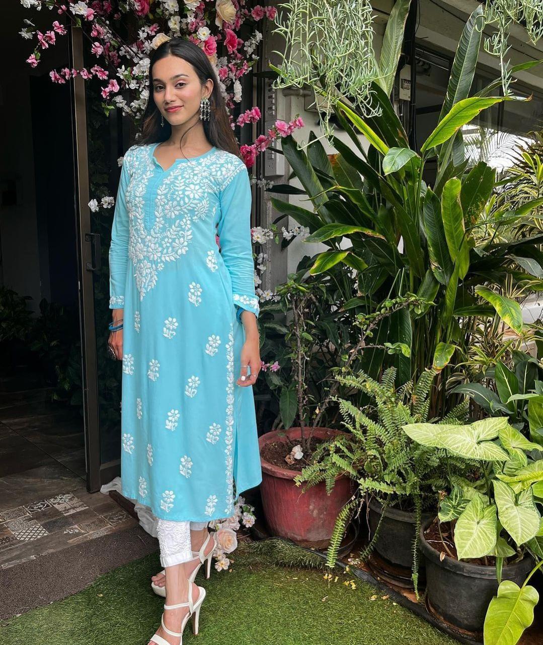 Aqua Blue Elegant Lucknowi Chikankari Cotton Kurti 3 pc Set - Inayakhan Shop