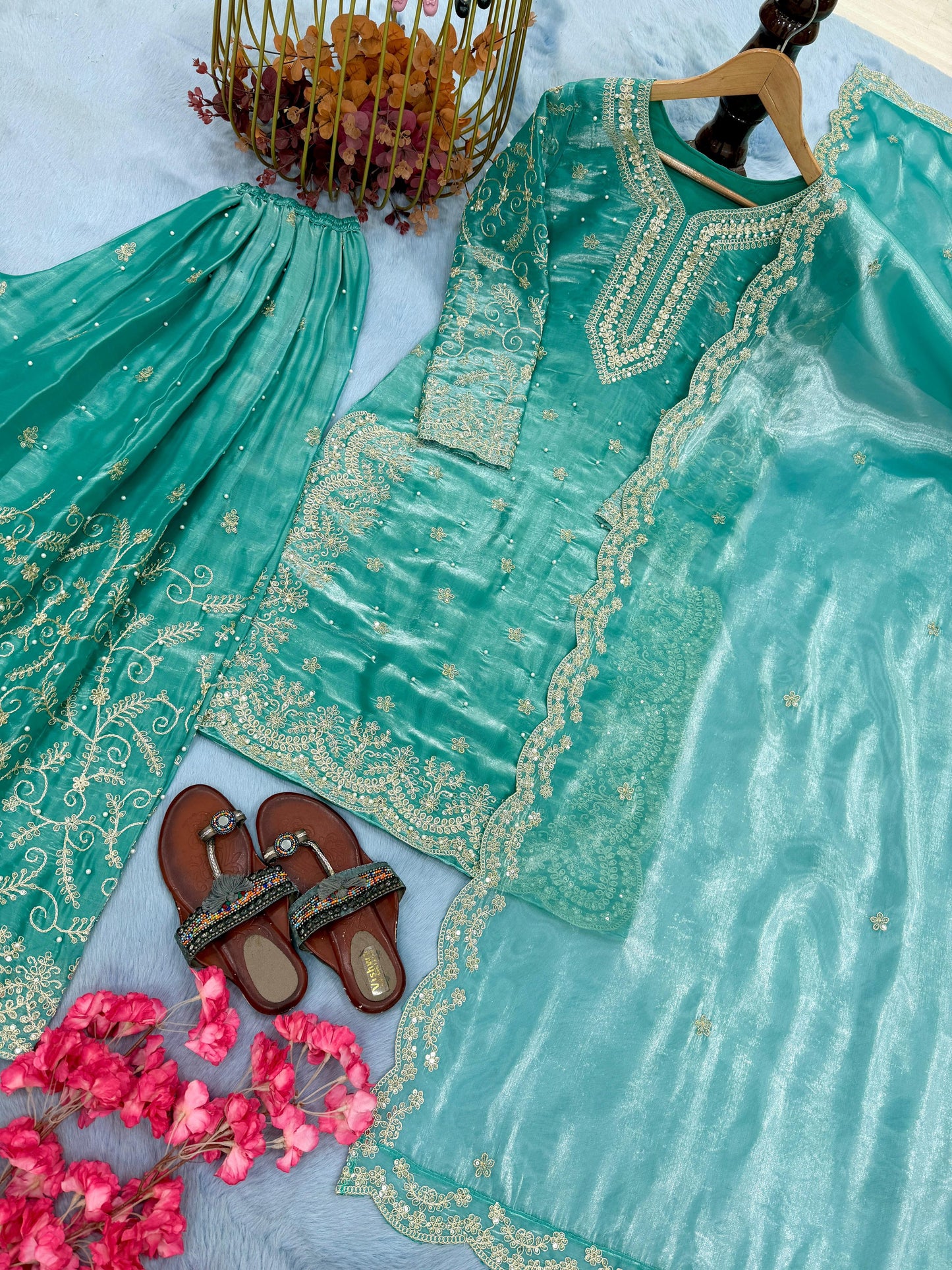 Aqua Green Ethereal Silk Embroidered Ensemble Eid Special