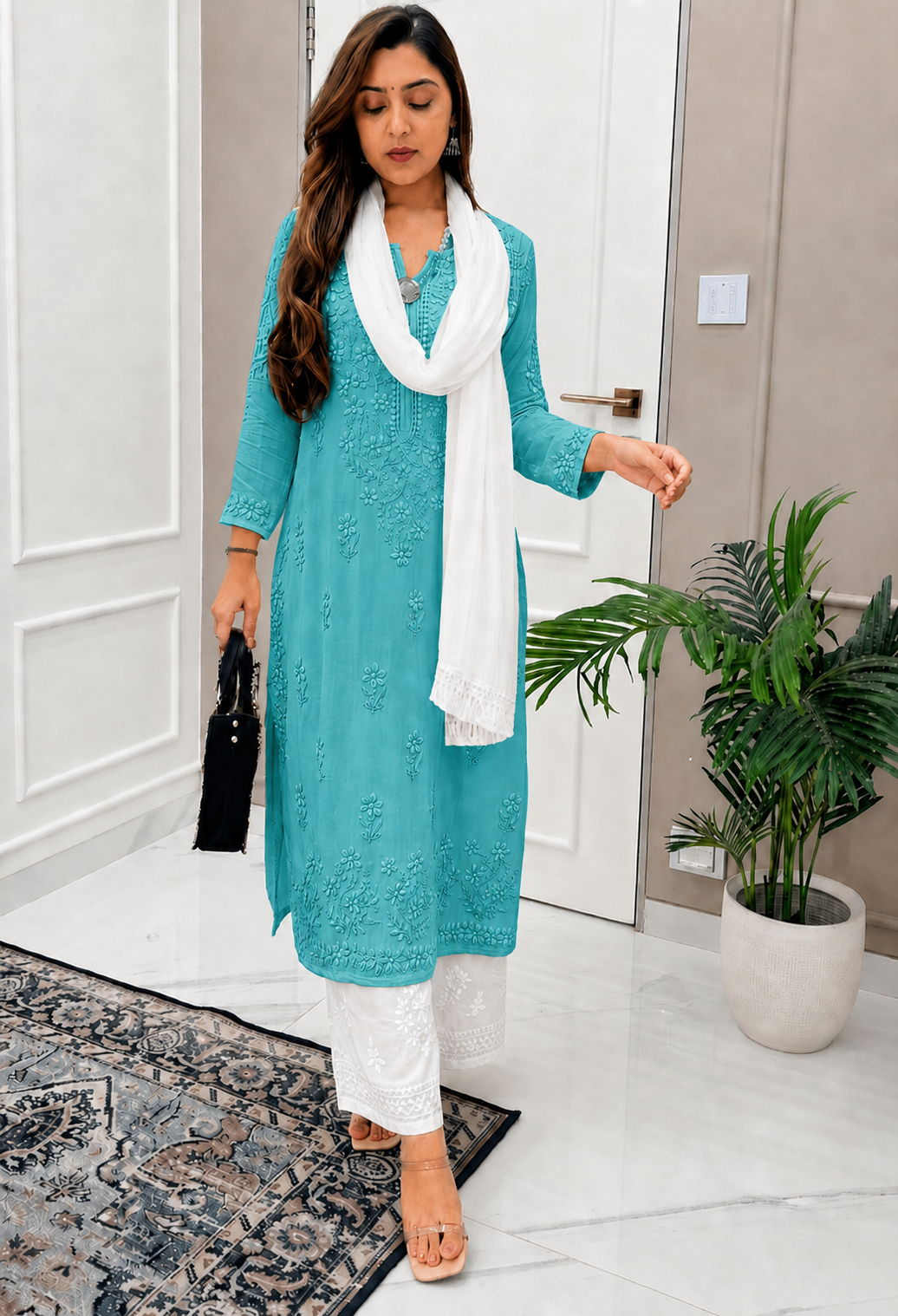 Aqua Blue and White Ethereal Dyeable Chikankari Kurta Set (Latest Summer Colors)