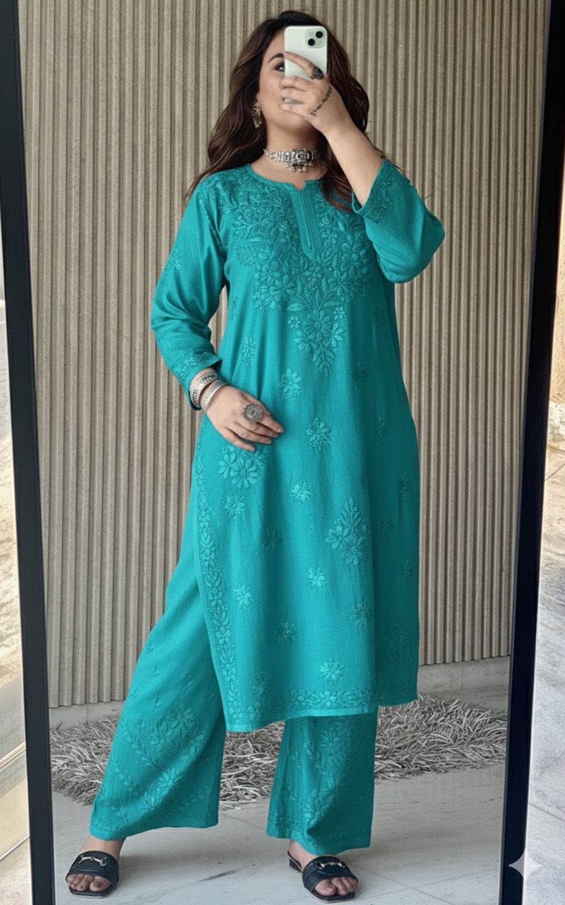 Aqua Green Lucknow Chikankari Rayon Kurta Palazzo Co-ord Set with Tone-to-Tone Hand Embroidery Plus Size