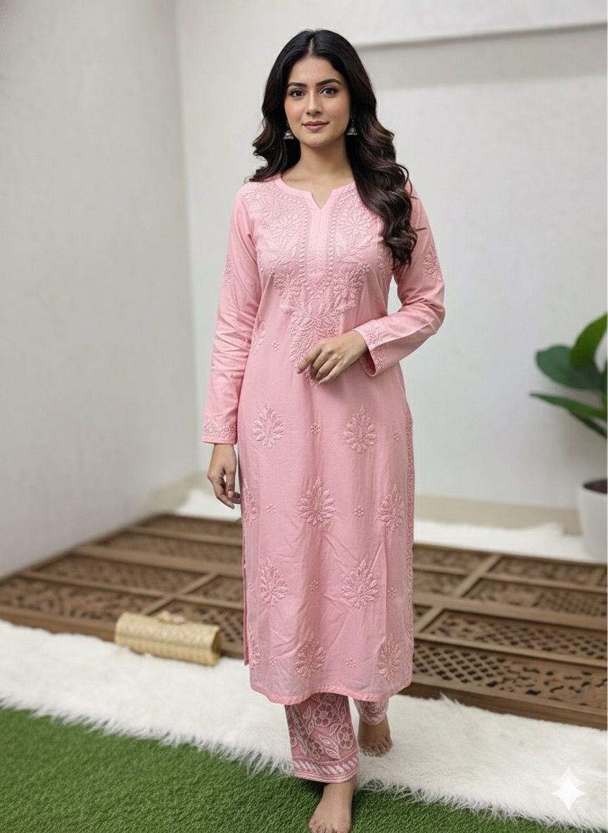 Baby Pink Lucknow Chikankari Handcrafted Muslin Kurti with Cutwork Embroidery Pant Set