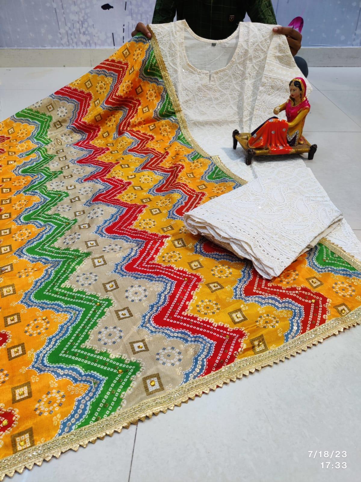 Bandhej Style Multicolor design Chikankari Elegance - Pakistani Dupatta & Kurti Palazzo Set - Inayakhan Shop