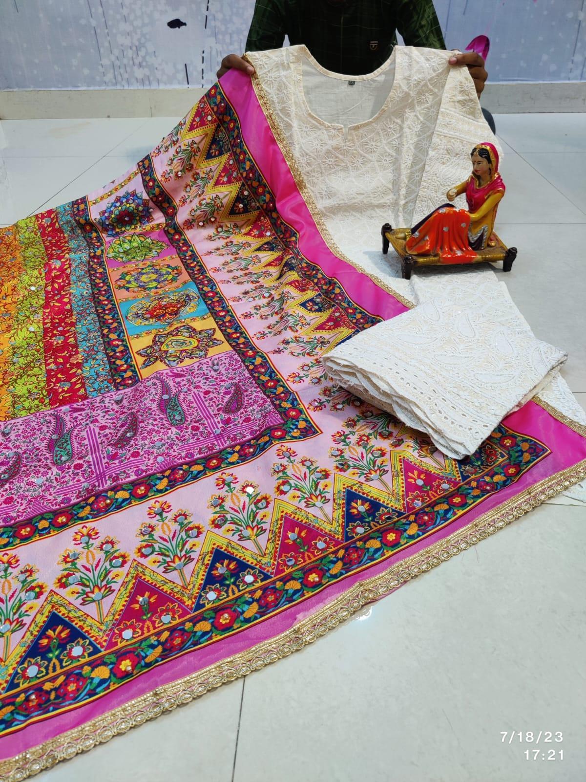 Barbie Pink Chikankari Elegance - Pakistani Dupatta & Kurti Palazzo Set - Inayakhan Shop