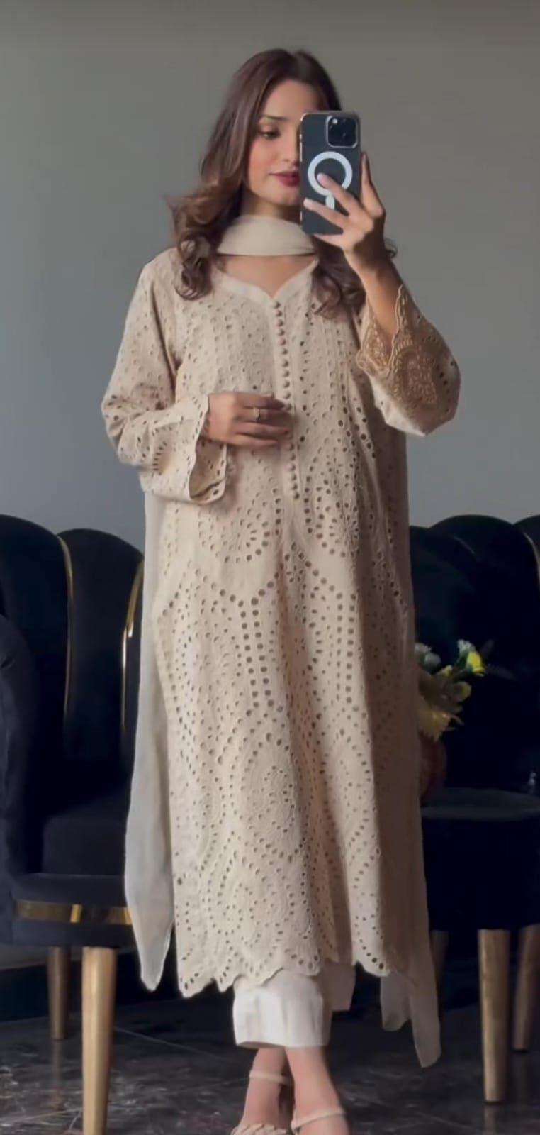 Beige Chikankari Hakuba Designer Ready to Wear Suits Premium