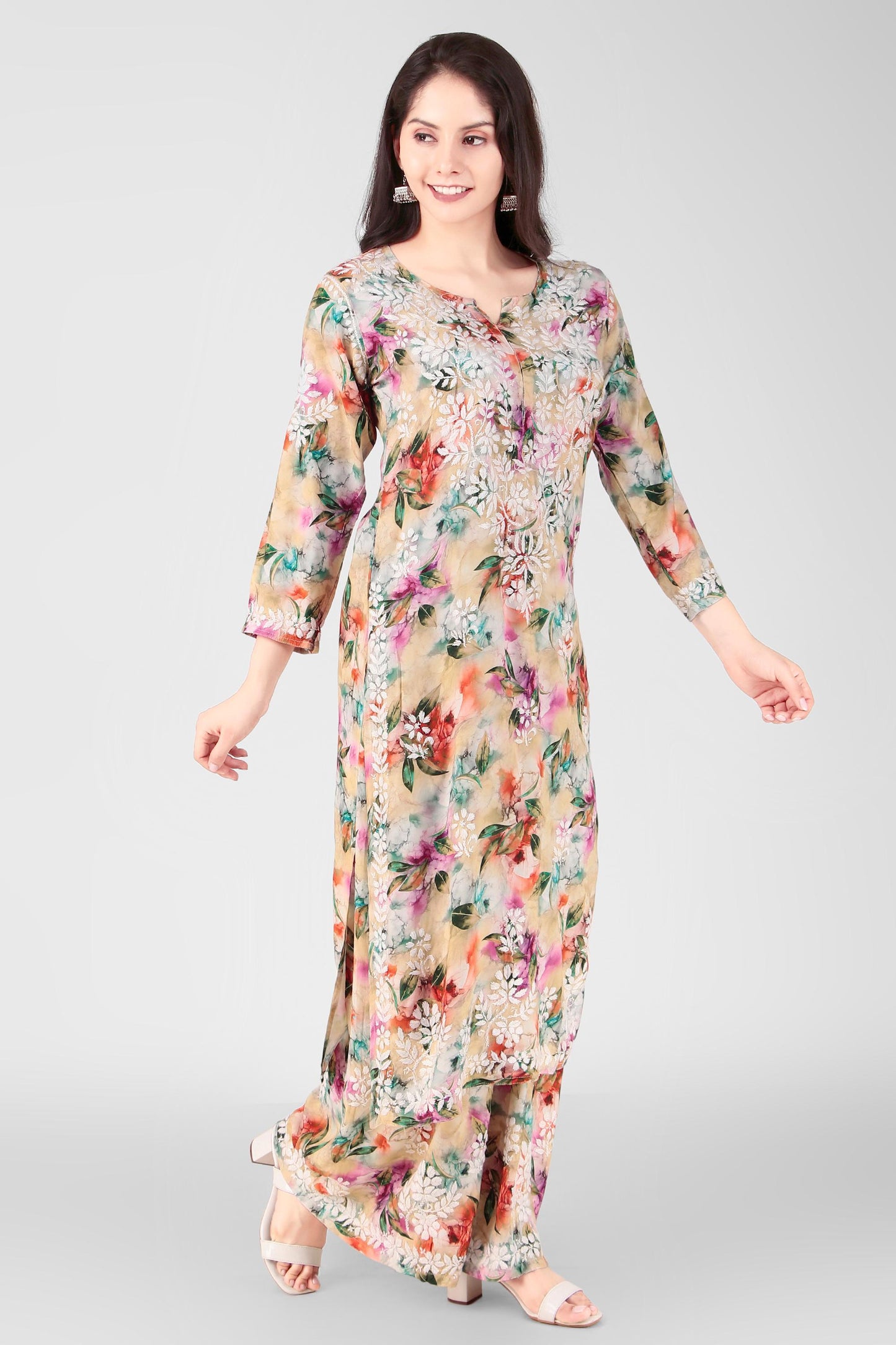 Beige Floral Printed Lucknow Chikankari Pallazo Set - Inayakhan Shop