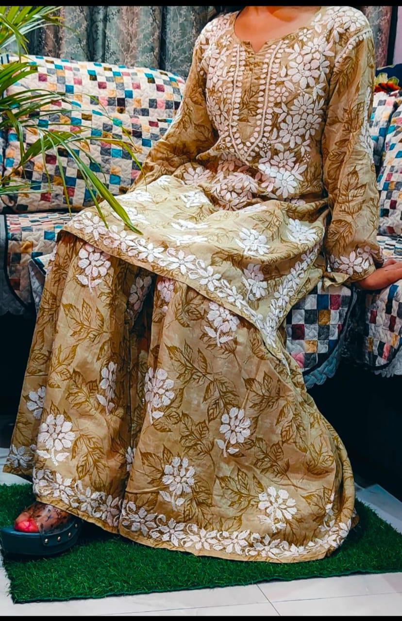 Beige Mulmul Floral Printed Lucknow Chikankari Kurti & Gharara Set - Inayakhan Shop