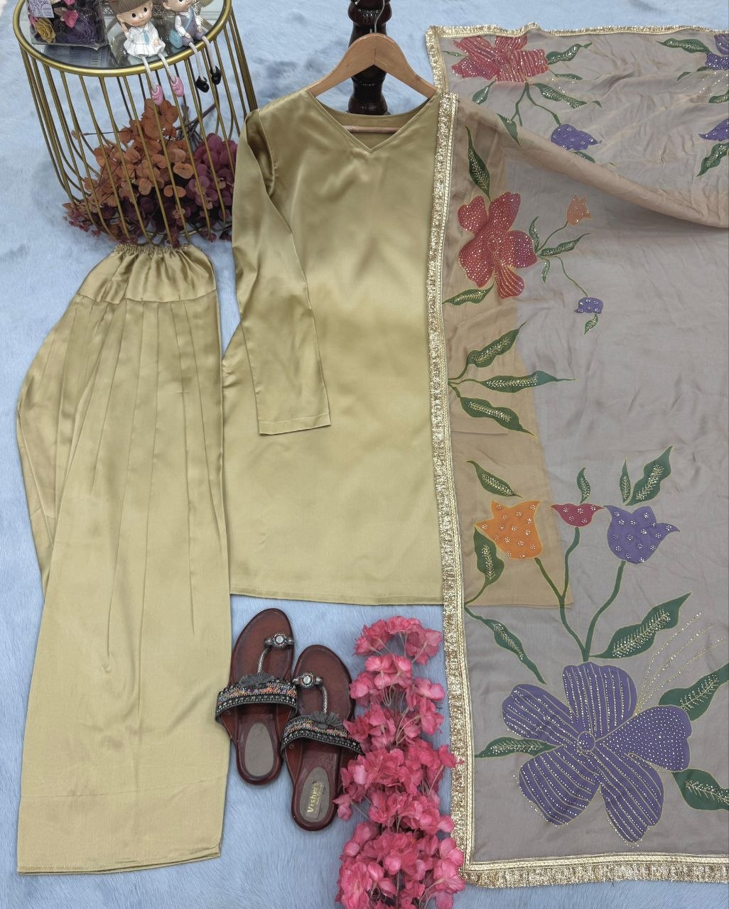 Beige designer party wear top with farshi plazzo and organza dupatta