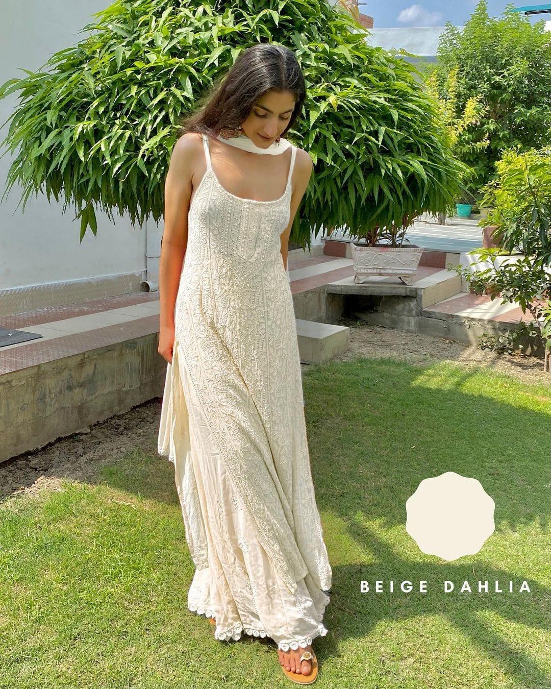 Beige Viscose Strappy Chikankari Handwork Short Kurti , Viscose Sharara, Chiffon Dupatta - Inayakhan Shop