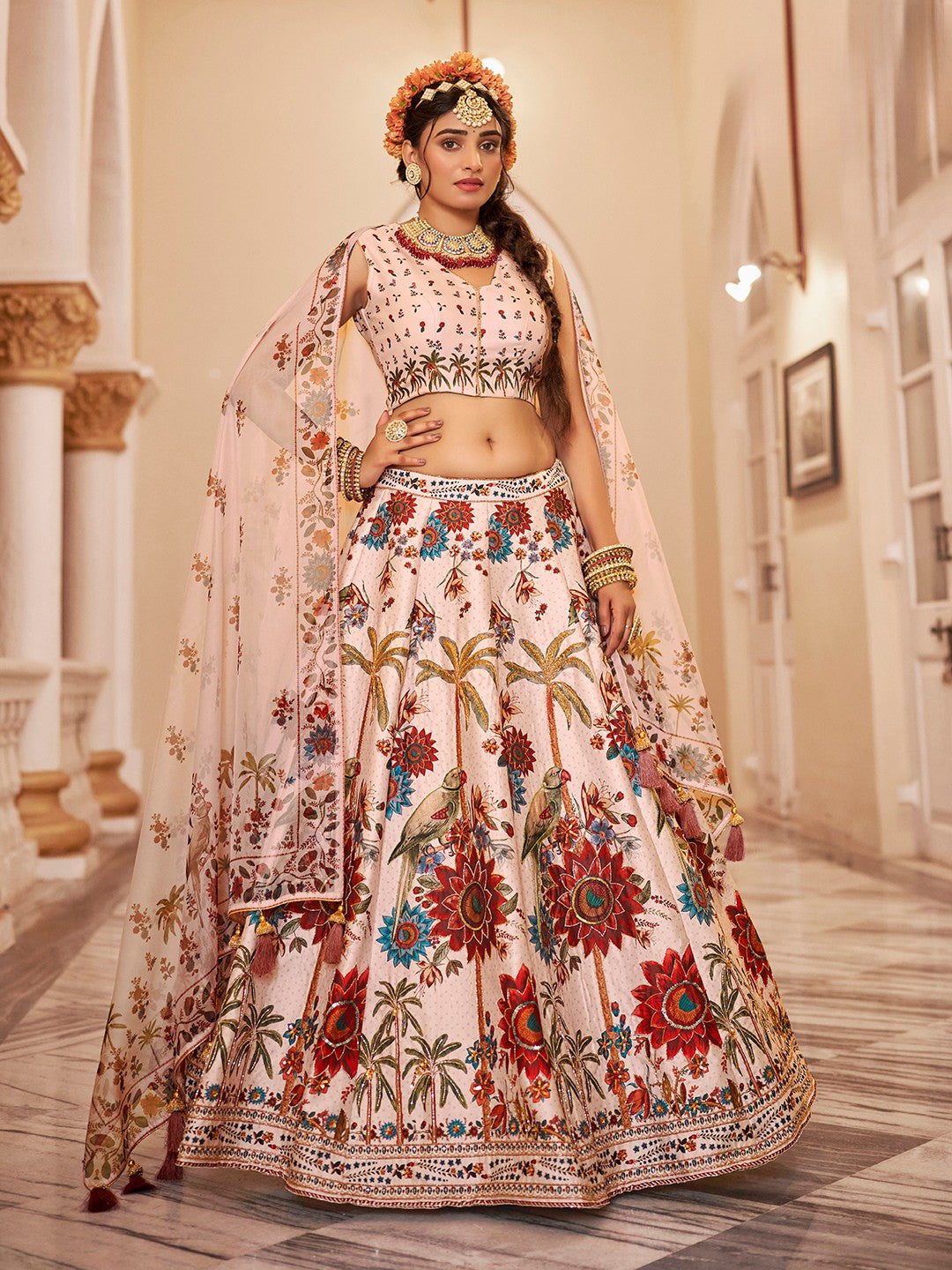 Off-White Design 2 Multi-Color Floral Silk Lehenga Choli with Handwork & Print – Perfect for Weddings & Festive Occasions
