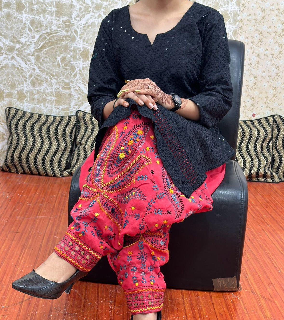 Black & Red Elegant Phulkari Patiala Salwar & Chikankari Kameez Set - Inayakhan Shop