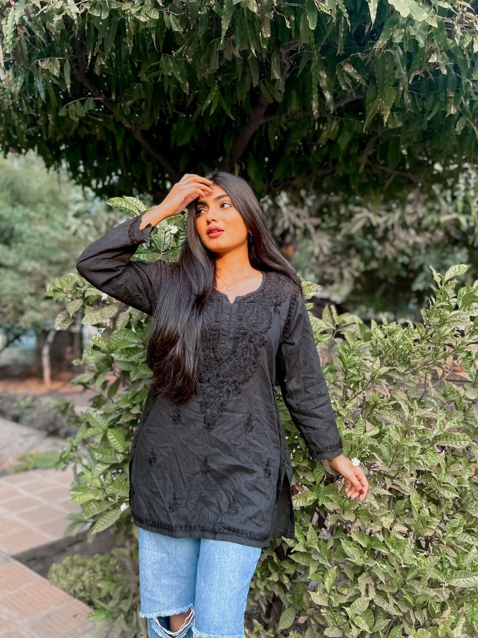 Black Breeze Dobby Cotton Short Kurti With Pant - Inayakhan Shop