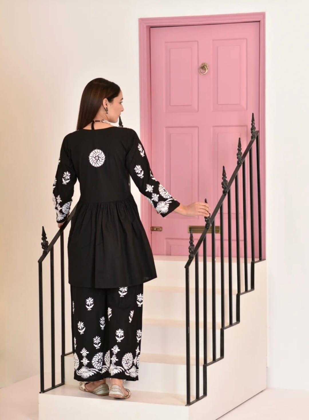 Black Chikankari Cotton Short Gown Palazzo Sets - Inayakhan Shop