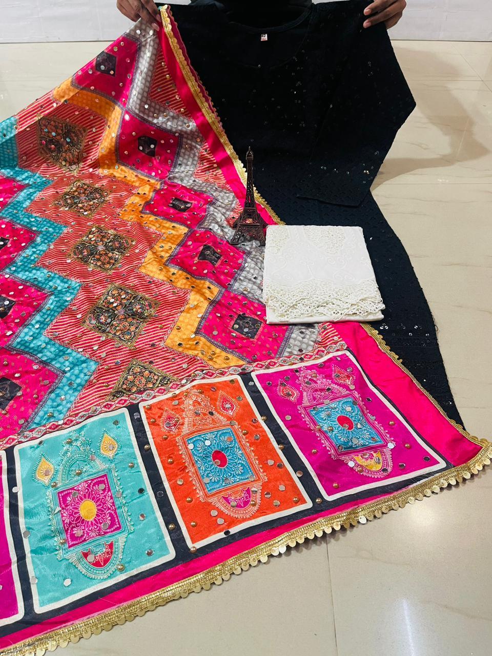 Black Design Chikankari Charm: Sequin Work Kurti with Plazo and Dupatta Set - Inayakhan Shop