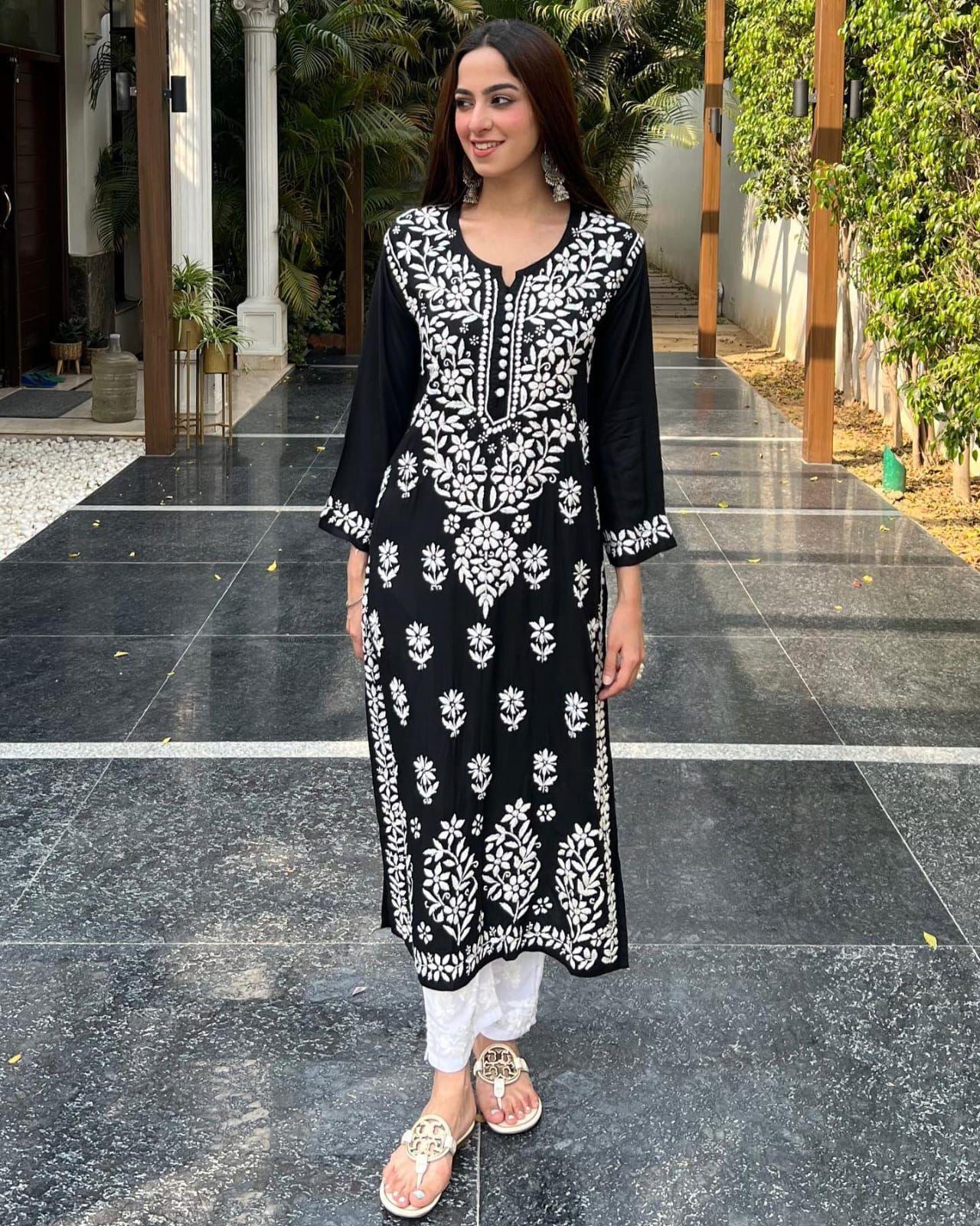 Black Ethereal Elegance Cotton Chikankari Kurta and Pant Set - Inayakhan Shop