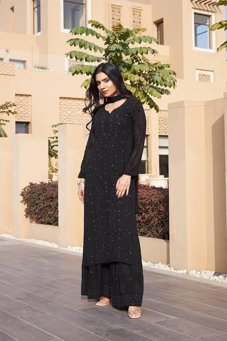 Black Ethereal Viscose Bliss: Premium Heavy Jaal Work Viscose Plazzo Set - Inayakhan Shop