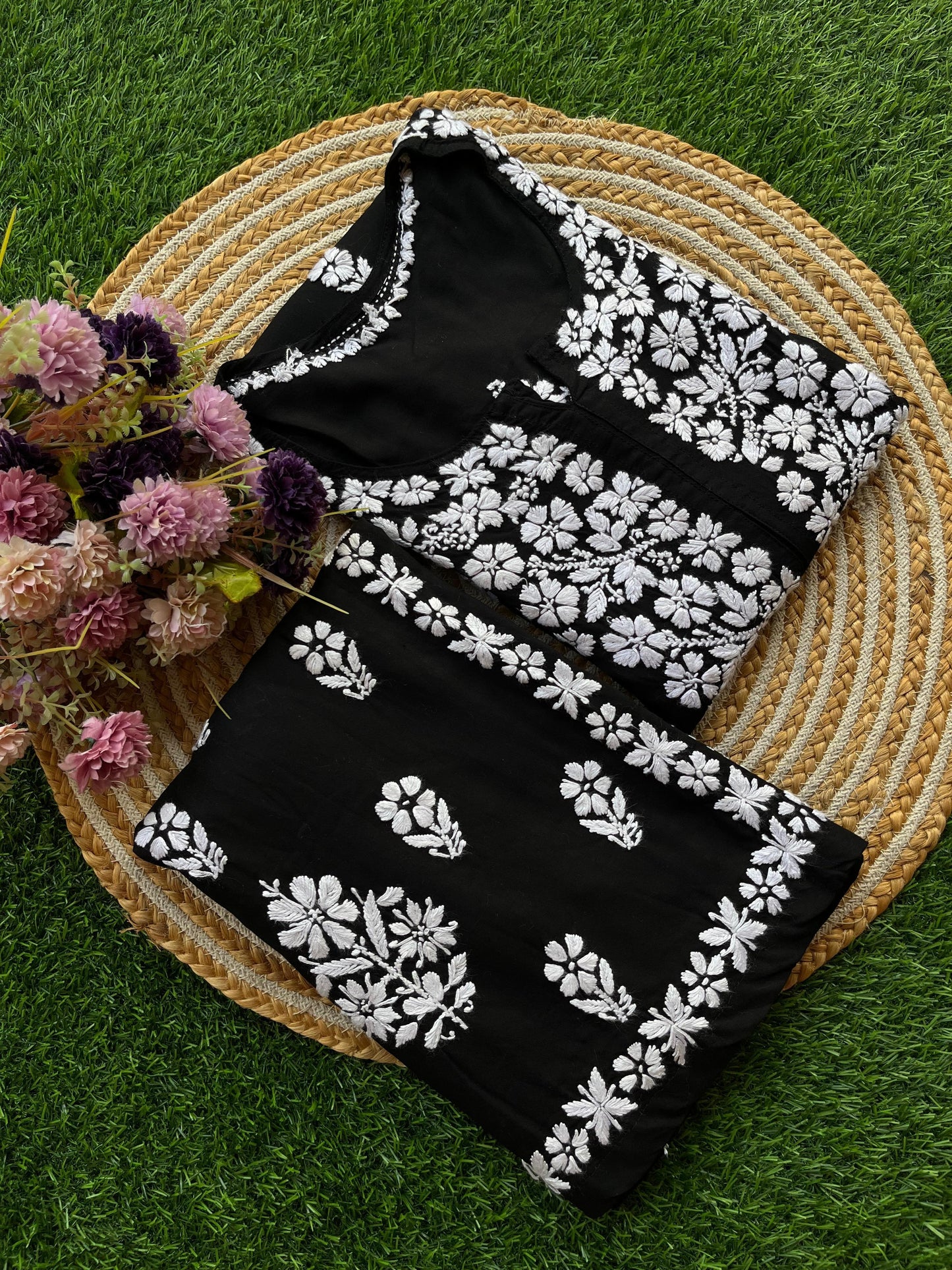 Black Premium Chikankari handwork Kurti Palazzo Set Up to Size 50 - Inayakhan Shop