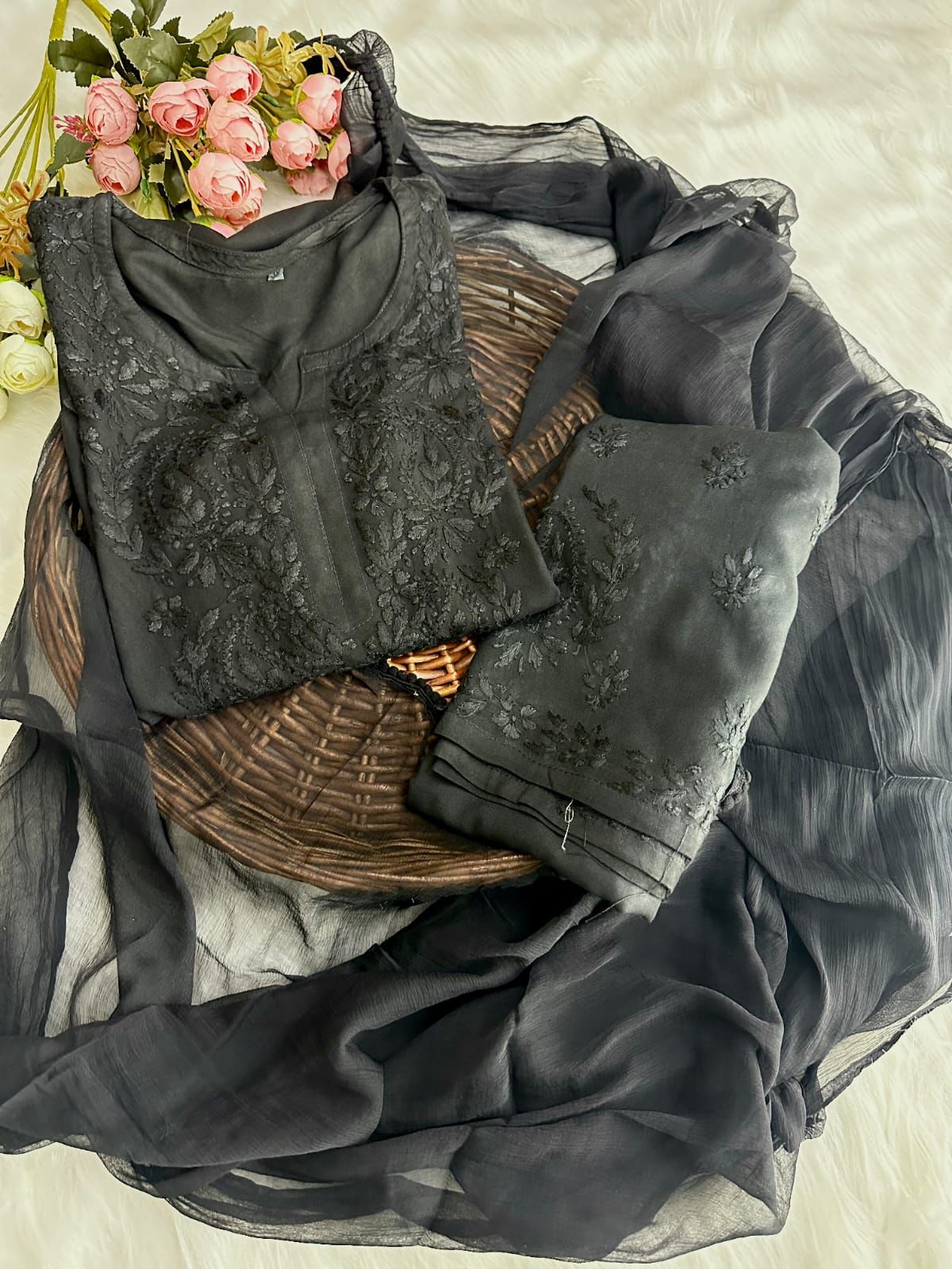 Black Color Authentic Handcrafted Lucknowi Chikankari Rayon Kurti & Palazzo Set