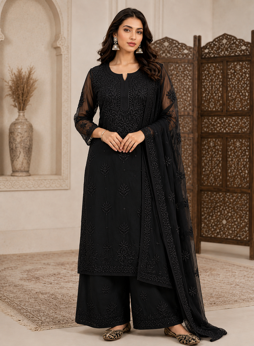 Black Viscose 3D Work Handcrafted Lucknow Chikankari Set